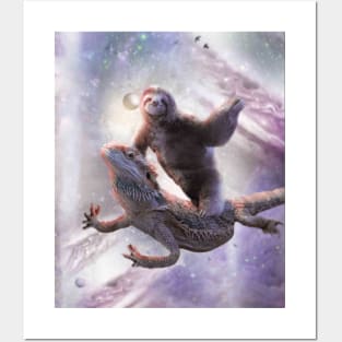 Space Sloth Riding Bearded Dragon Lizard Posters and Art